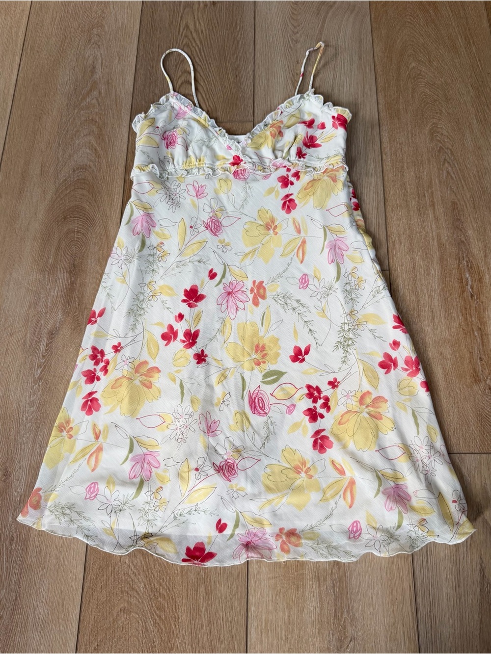 Y2K Floral Slip Dress White Pink Yellow Cottagecore Mini Dress Size 11
